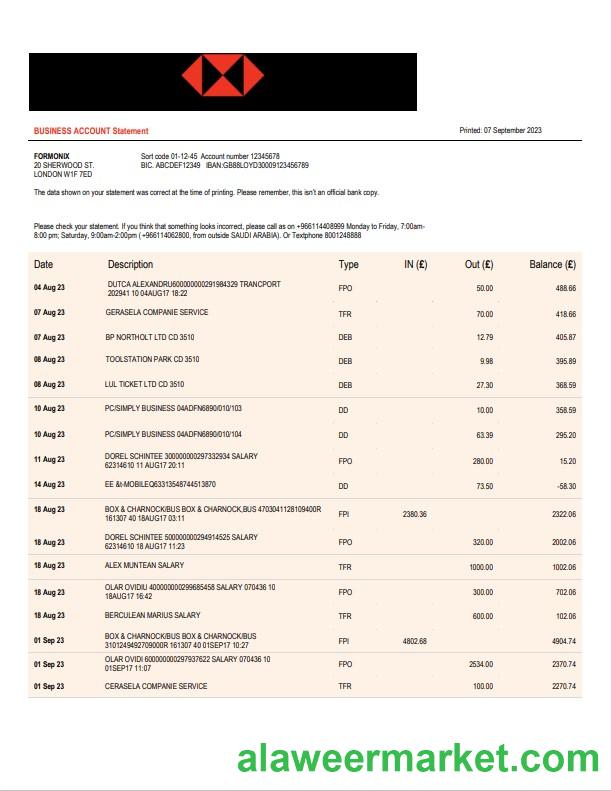 Saudi British Bank Business statement Word and PDF template
